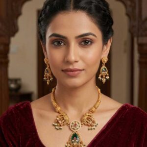 Alternative view of Black and Green Kundan Necklace Set with Earrings