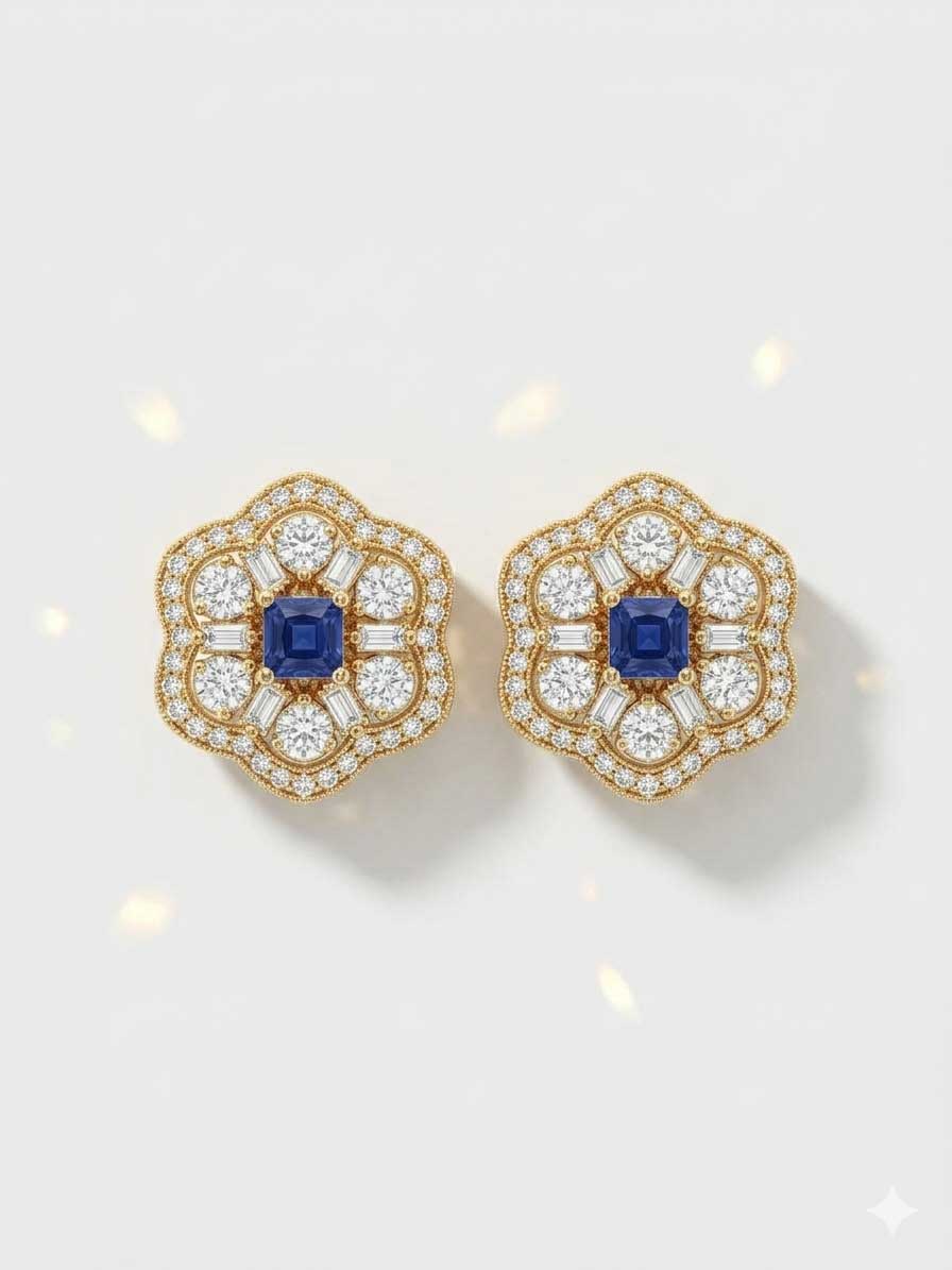 Blue Stone Floral Stud Earrings