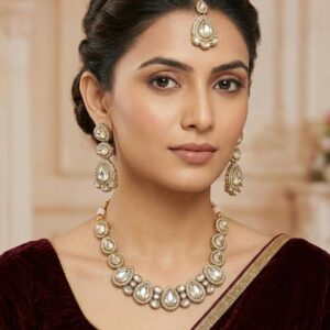 Alternative view of Clear Crystal Kundan Necklace Set with Maang Tikka