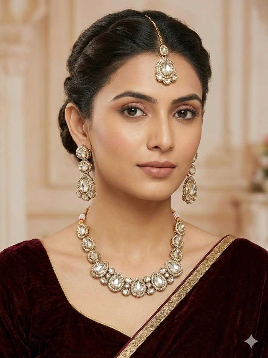 Clear Crystal Kundan Necklace Set with Maang Tikka - Image 2