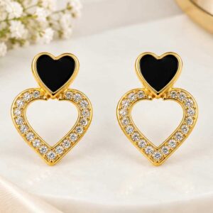 Gold Tone Black Heart Crystal Earrings
