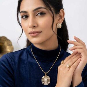 Gold Tone Crystal Oval Pendant Necklace Set - Image 3