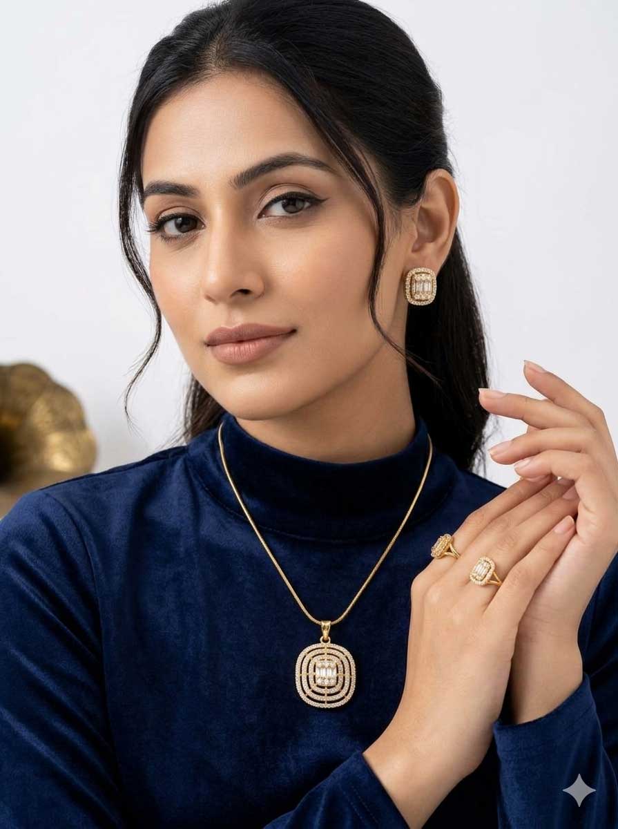 Gold Tone Crystal Oval Pendant Necklace Set - Image 3