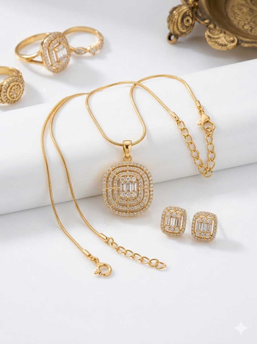Gold Tone Crystal Oval Pendant Necklace Set - Image 2