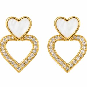 Gold Tone Double Heart Crystal Earrings