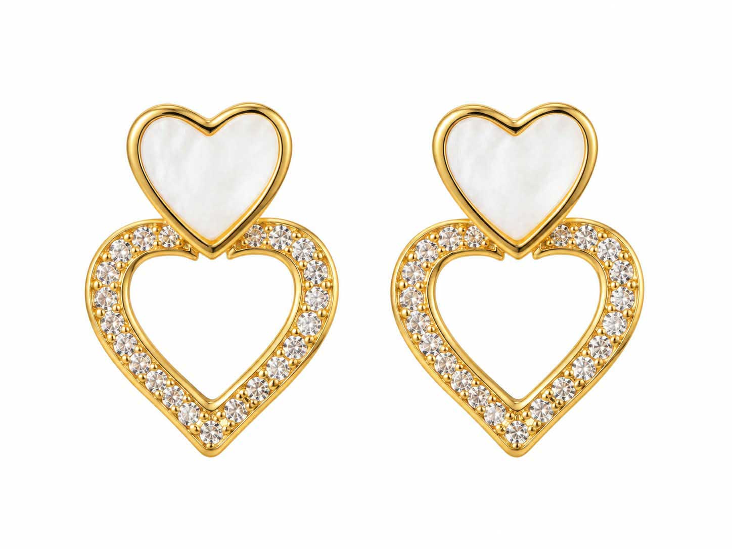 Gold Tone Double Heart Crystal Earrings