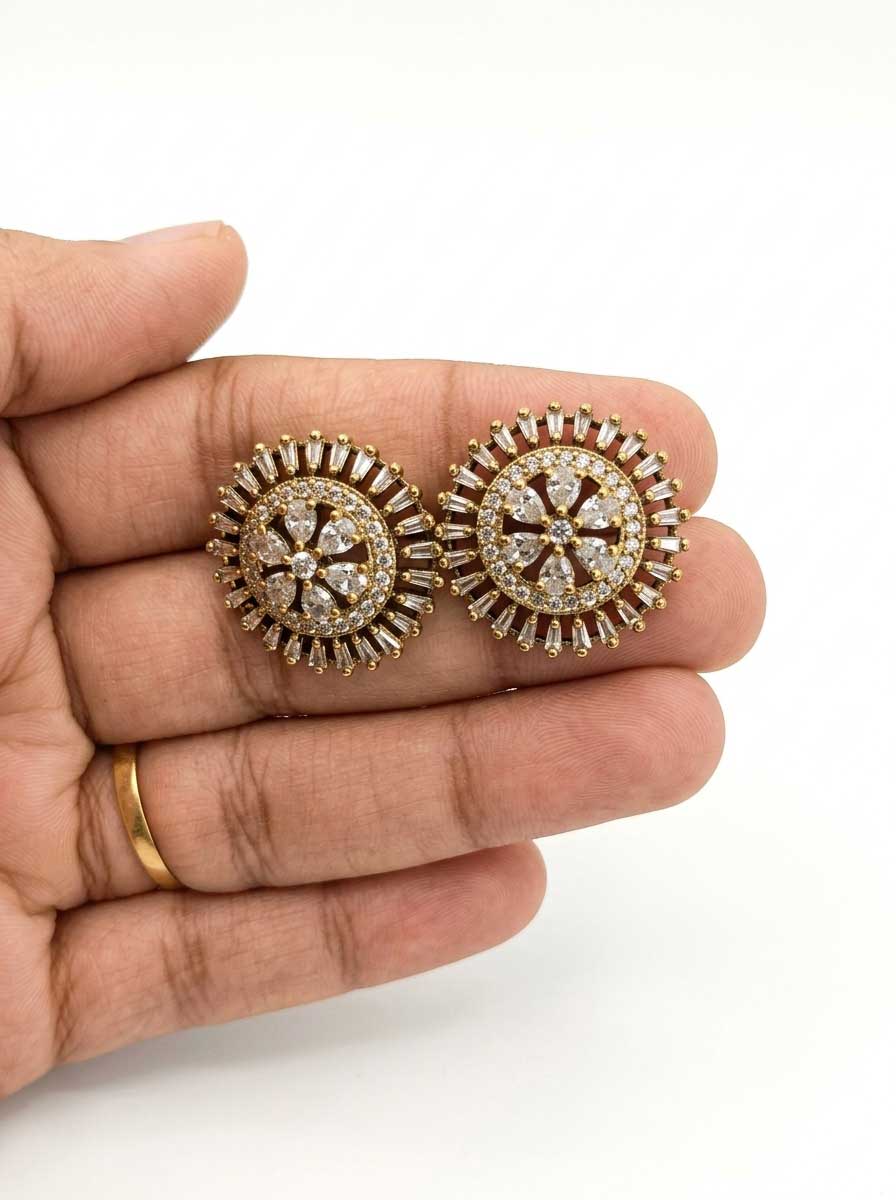 Gold Tone Floral Crystal Stud Earrings - Image 2