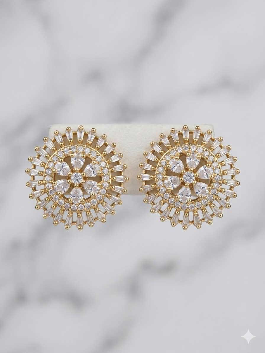 Gold Tone Floral Crystal Stud Earrings - Image 3
