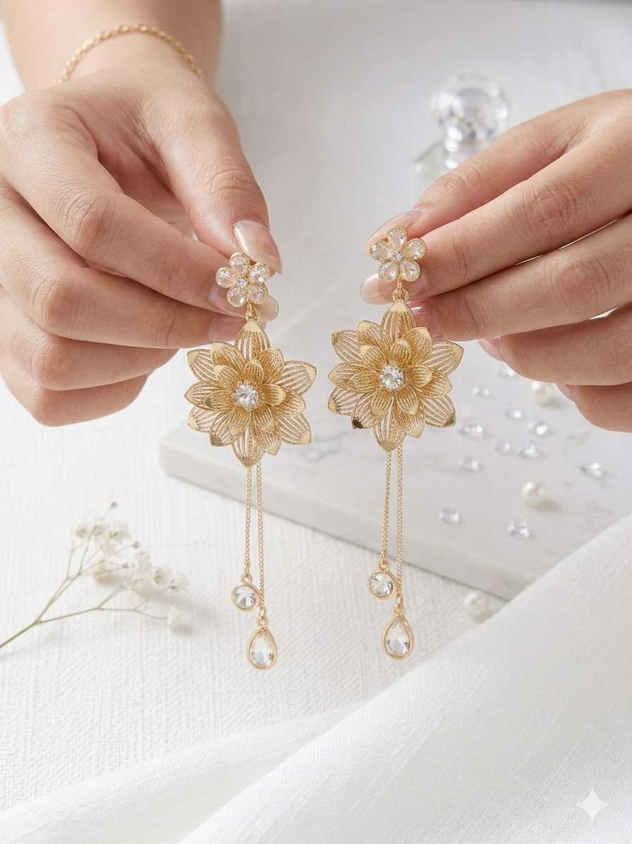 Gold Tone Floral Drop Earrings