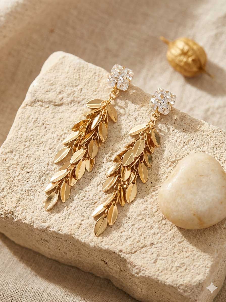 Gold Tone Leaf Drop Earrings - Image 2