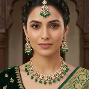 Alternative view of Green Kundan Bridal Necklace Set with Earrings