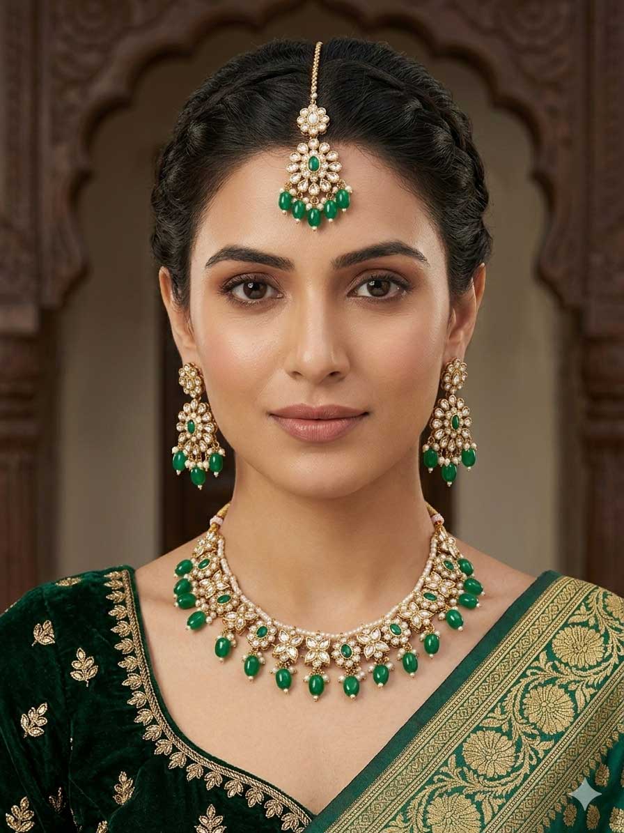 Green Kundan Bridal Necklace Set with Earrings - Image 2