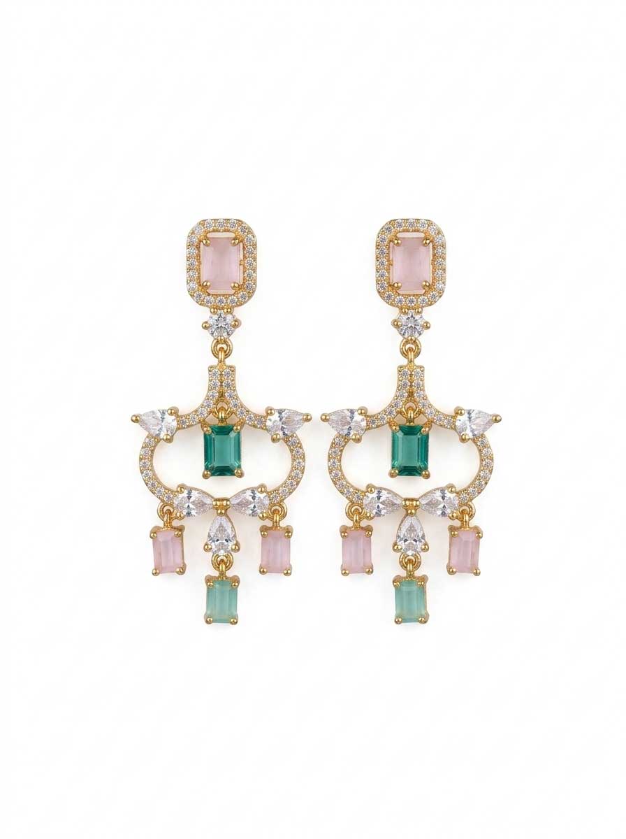 Green & Pink Stone Crystal Earrings
