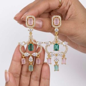 Alternative view of Green & Pink Stone Crystal Earrings