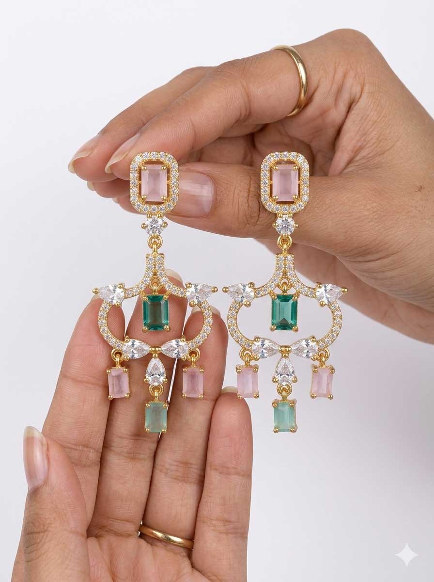 Green & Pink Stone Crystal Earrings - Image 2