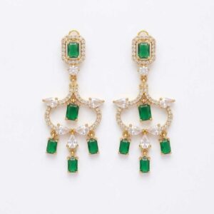 Green Stone Chandelier Earrings – Silver Tone