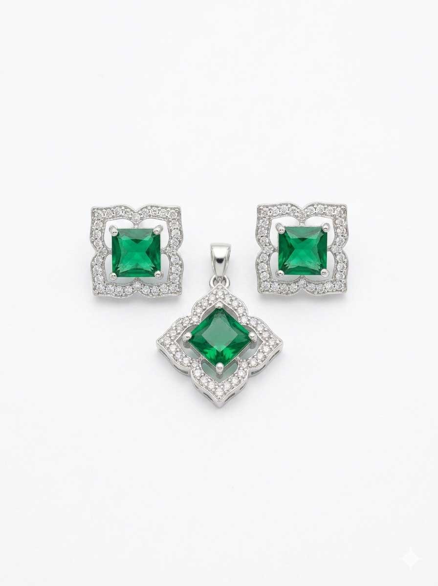 Green Stone Crystal Pendant and Earrings Set