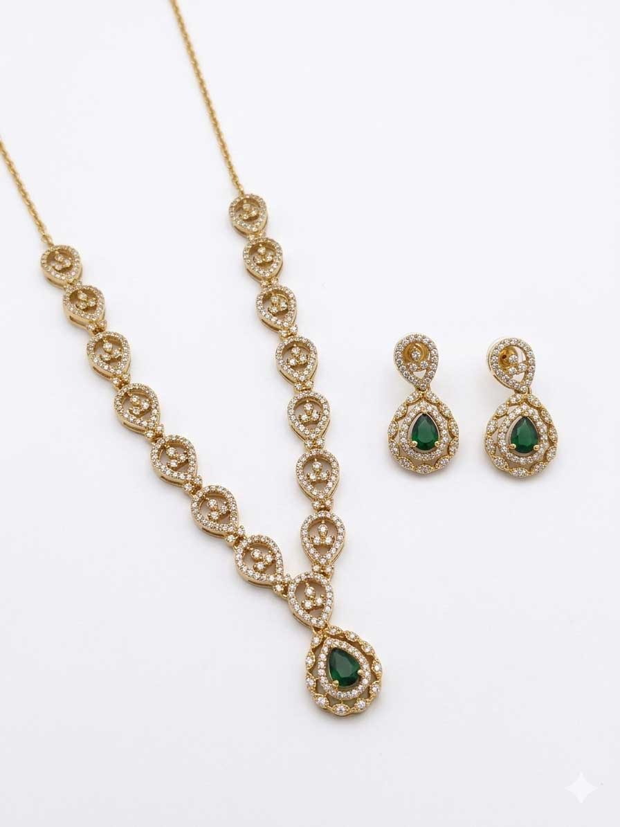 Green Stone Gold Tone Crystal Necklace Set