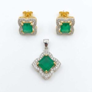 Green Stone Gold Tone Pendant and Earrings Set