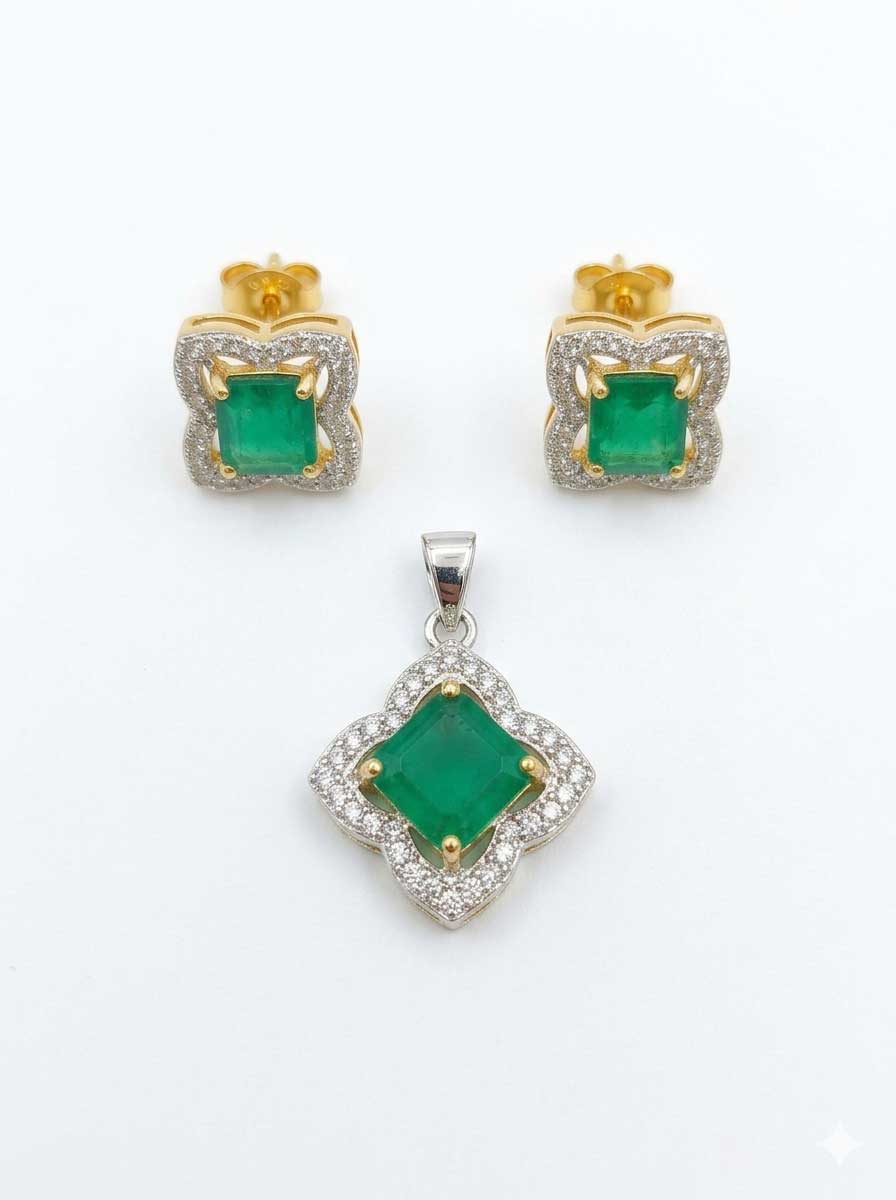 Green Stone Gold Tone Pendant and Earrings Set