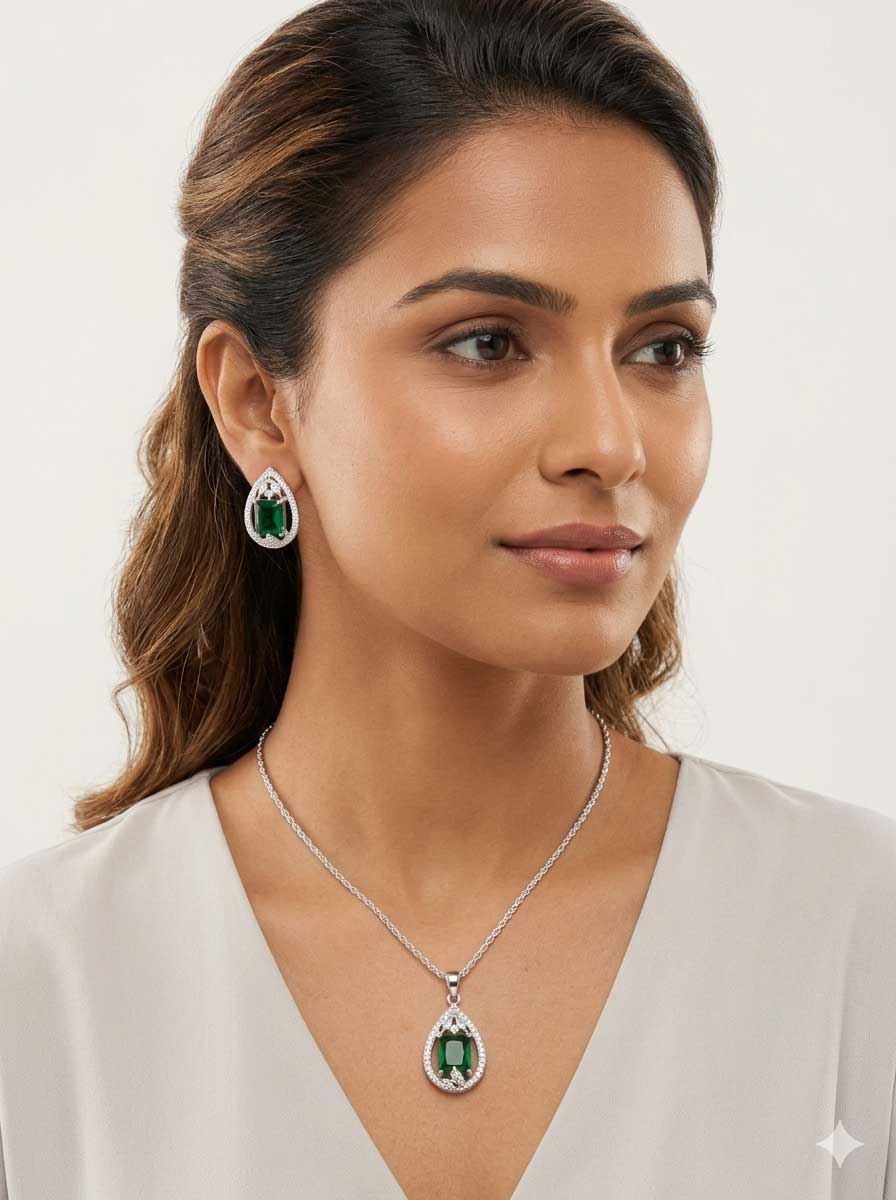 Green Stone Silver Tone Pendant Necklace Set - Image 2