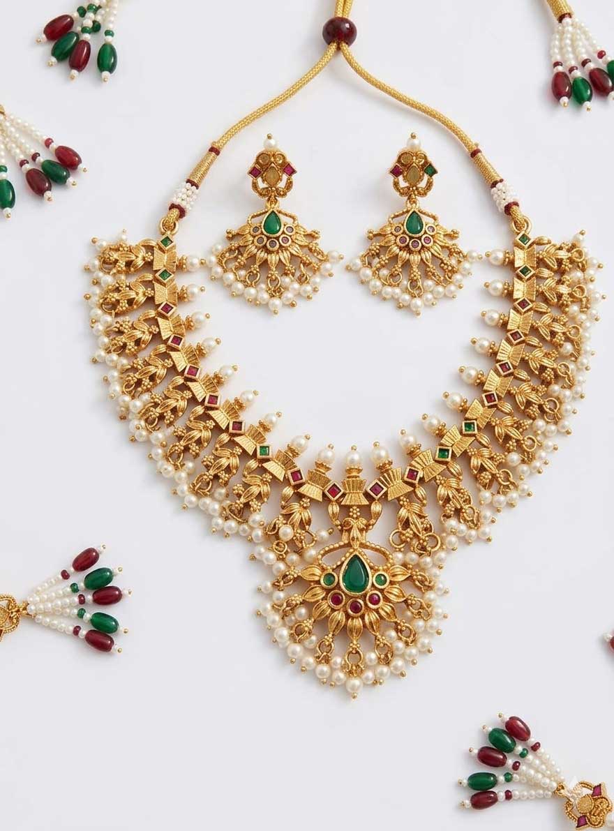Traditional Gold Tone Pearl Necklace Set