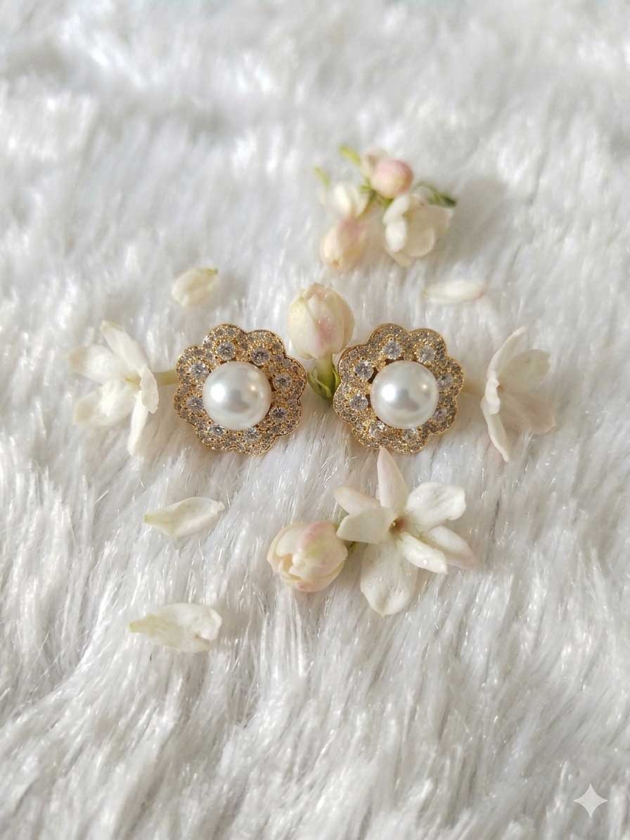 Pearl Floral Stud Earrings - Image 2