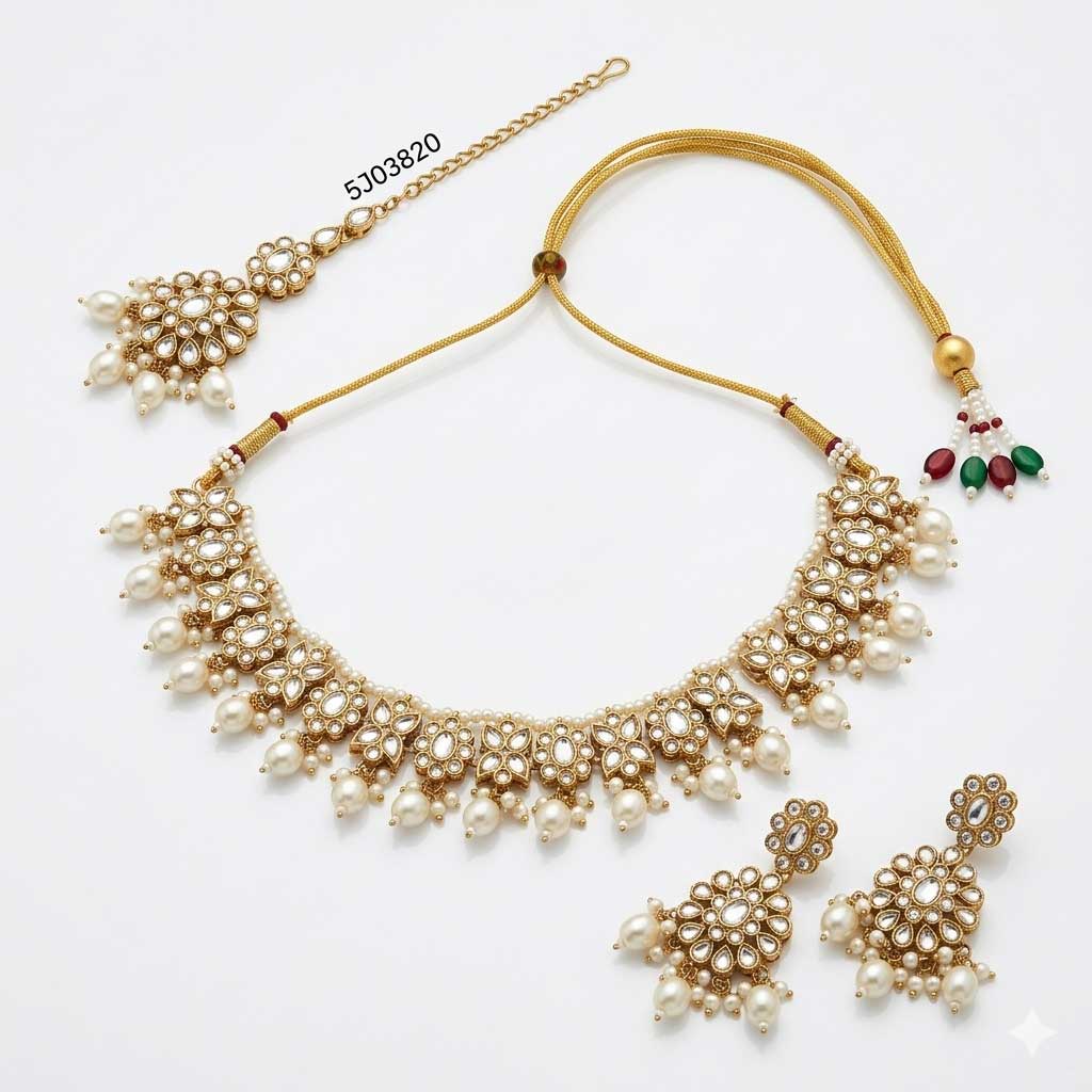 Pearl Kundan Necklace Set with Maang Tikka