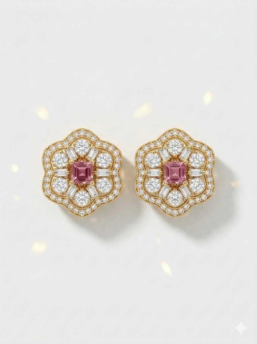 Pink Stone Floral Stud Earrings