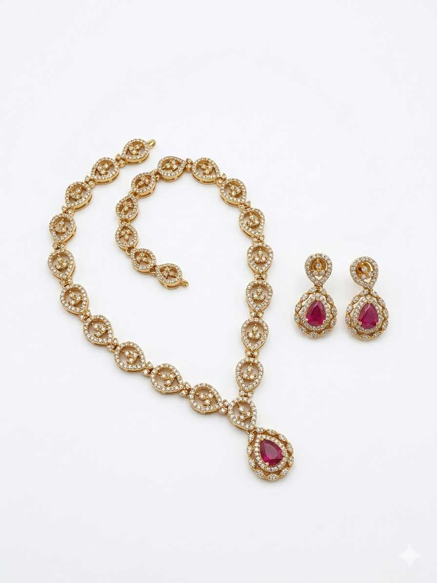 Pink Stone Gold Tone Crystal Necklace Set