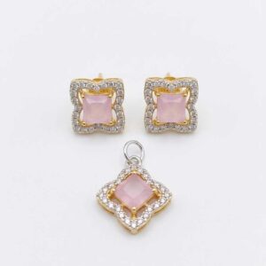 Pink Stone Gold Tone Pendant and Earrings Set