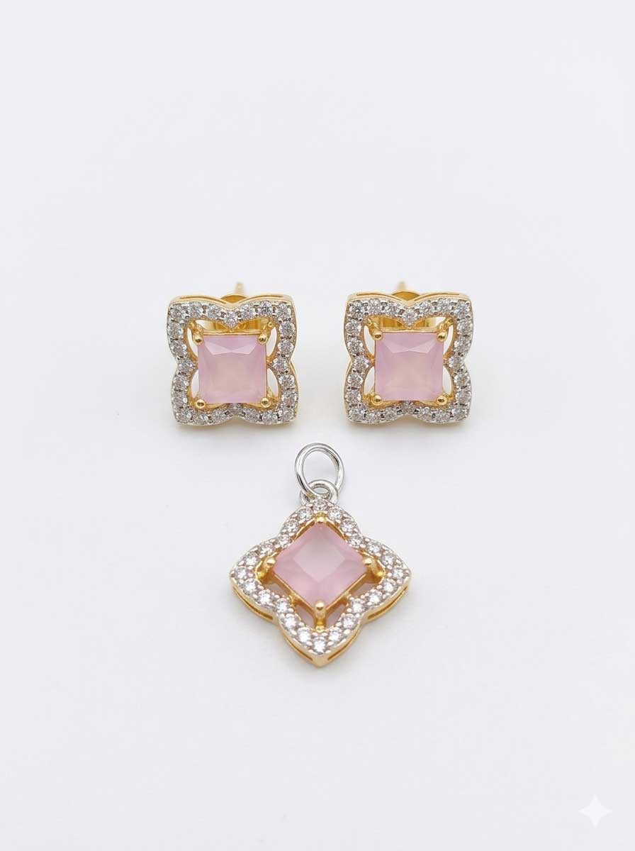 Pink Stone Gold Tone Pendant and Earrings Set