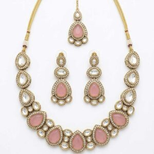 Pink Stone Kundan Necklace Set with Maang Tikka