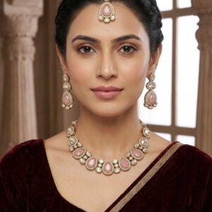 Alternative view of Pink Stone Kundan Necklace Set with Maang Tikka