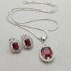 Red Stone Silver Tone Pendant Necklace Set