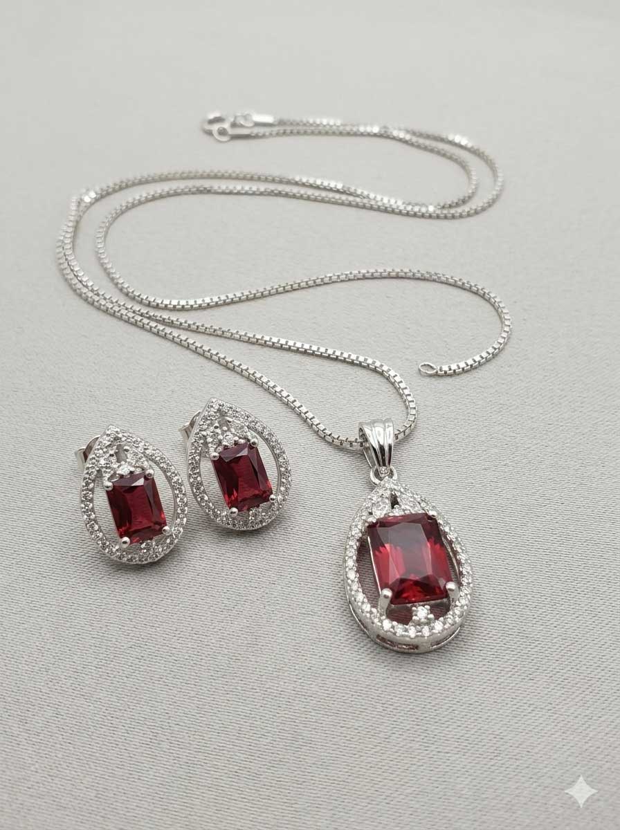 Red Stone Silver Tone Pendant Necklace Set