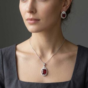 Alternative view of Red Stone Silver Tone Pendant Necklace Set