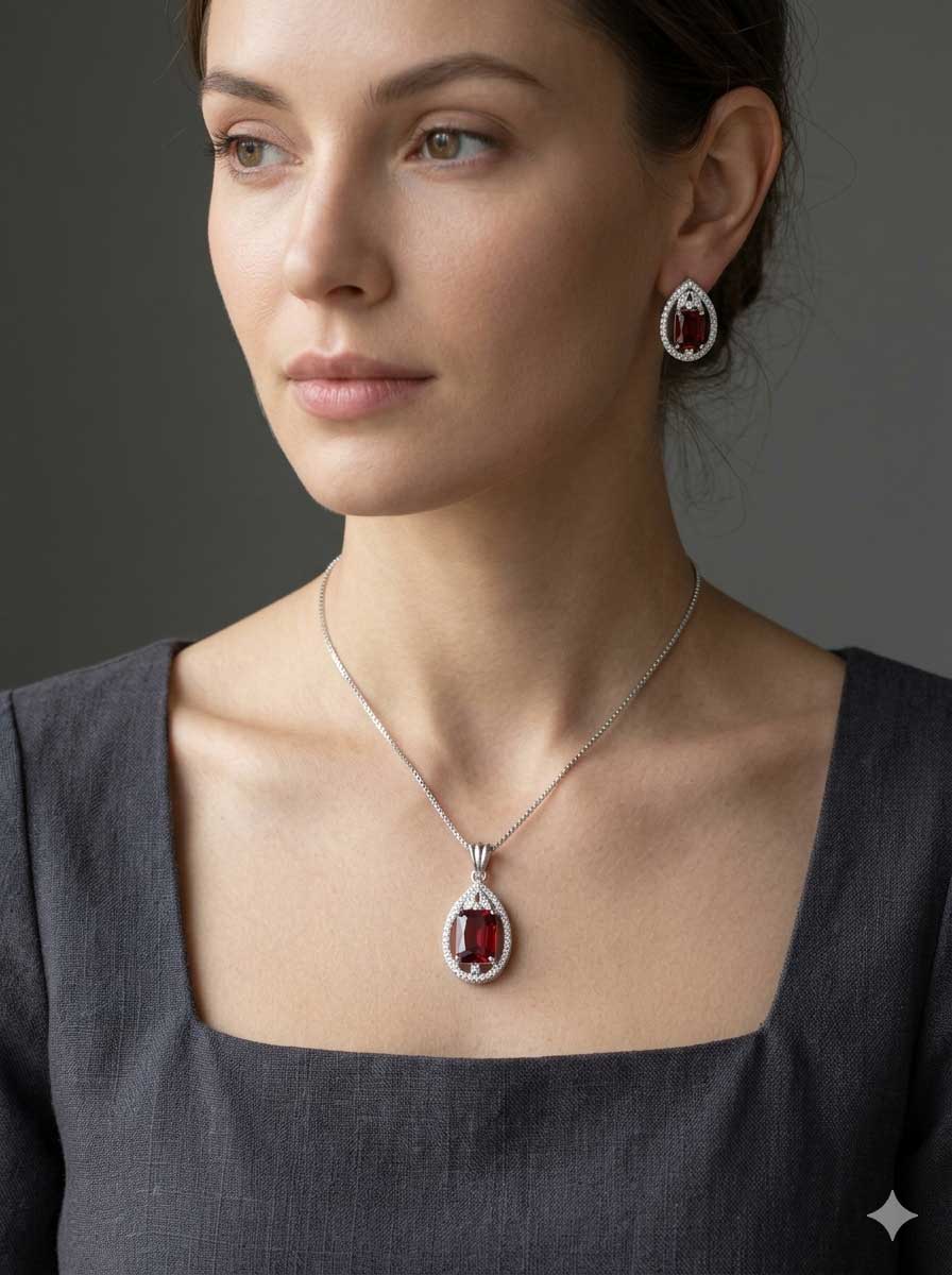 Red Stone Silver Tone Pendant Necklace Set - Image 2