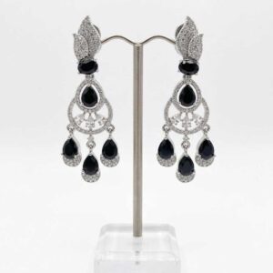 Silver Tone Black Stone Chandelier Earrings