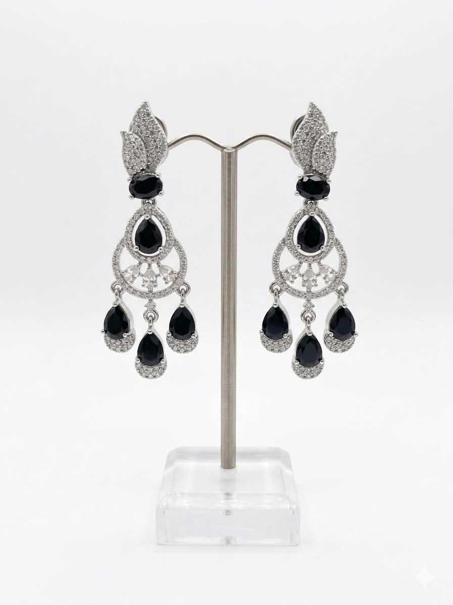 Silver Tone Black Stone Chandelier Earrings