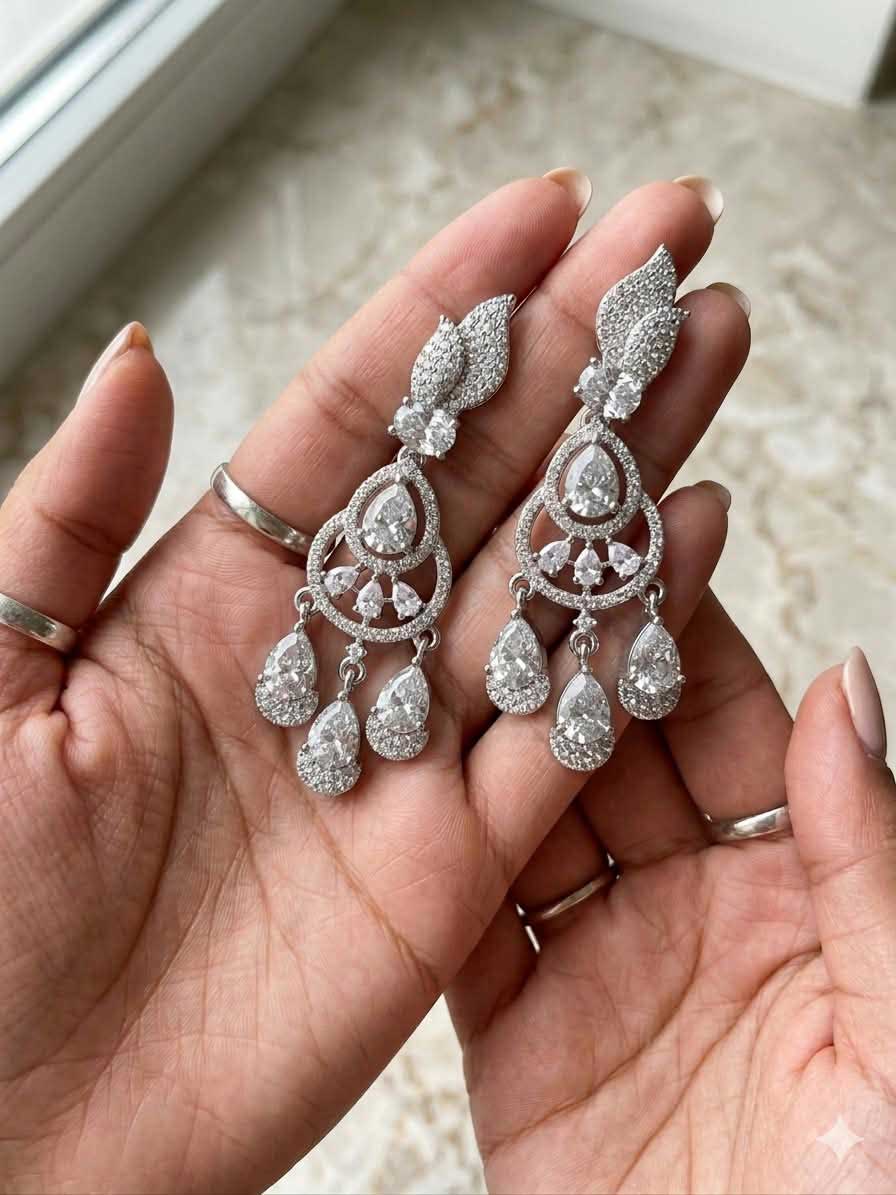 Silver Tone Crystal Chandelier Earrings - Image 2
