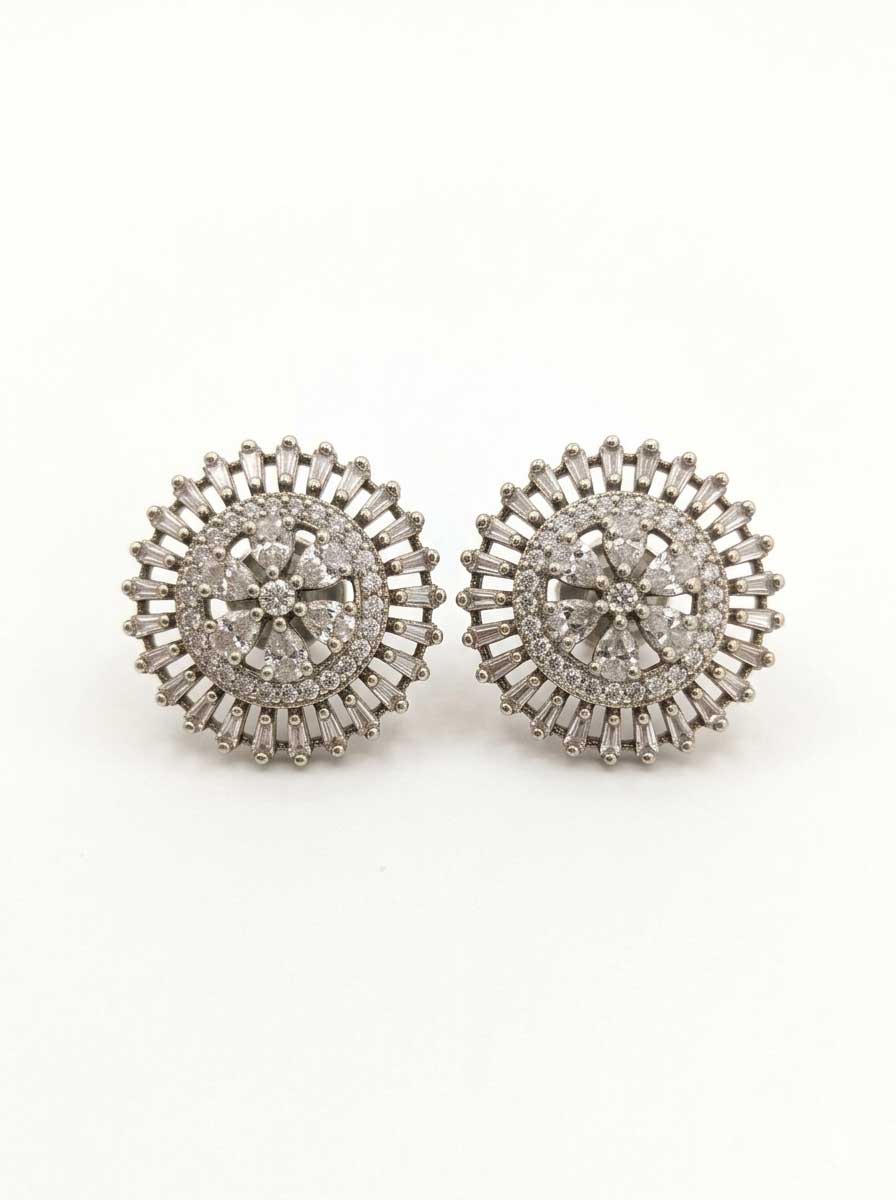 Silver Tone Floral Crystal Stud Earrings