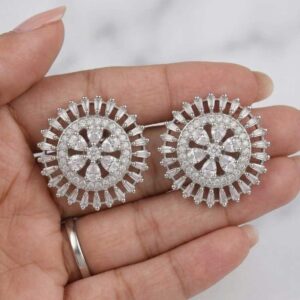 Silver Tone Floral Crystal Stud Earrings - Image 3