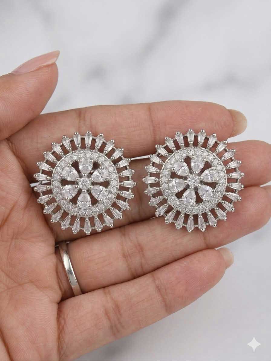 Silver Tone Floral Crystal Stud Earrings - Image 3