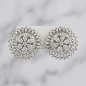 Silver Tone Floral Crystal Stud Earrings - Image 4