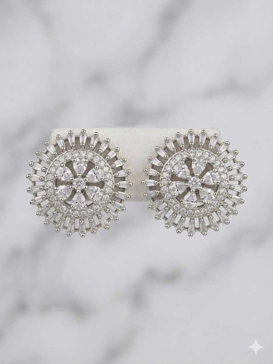 Silver Tone Floral Crystal Stud Earrings - Image 4