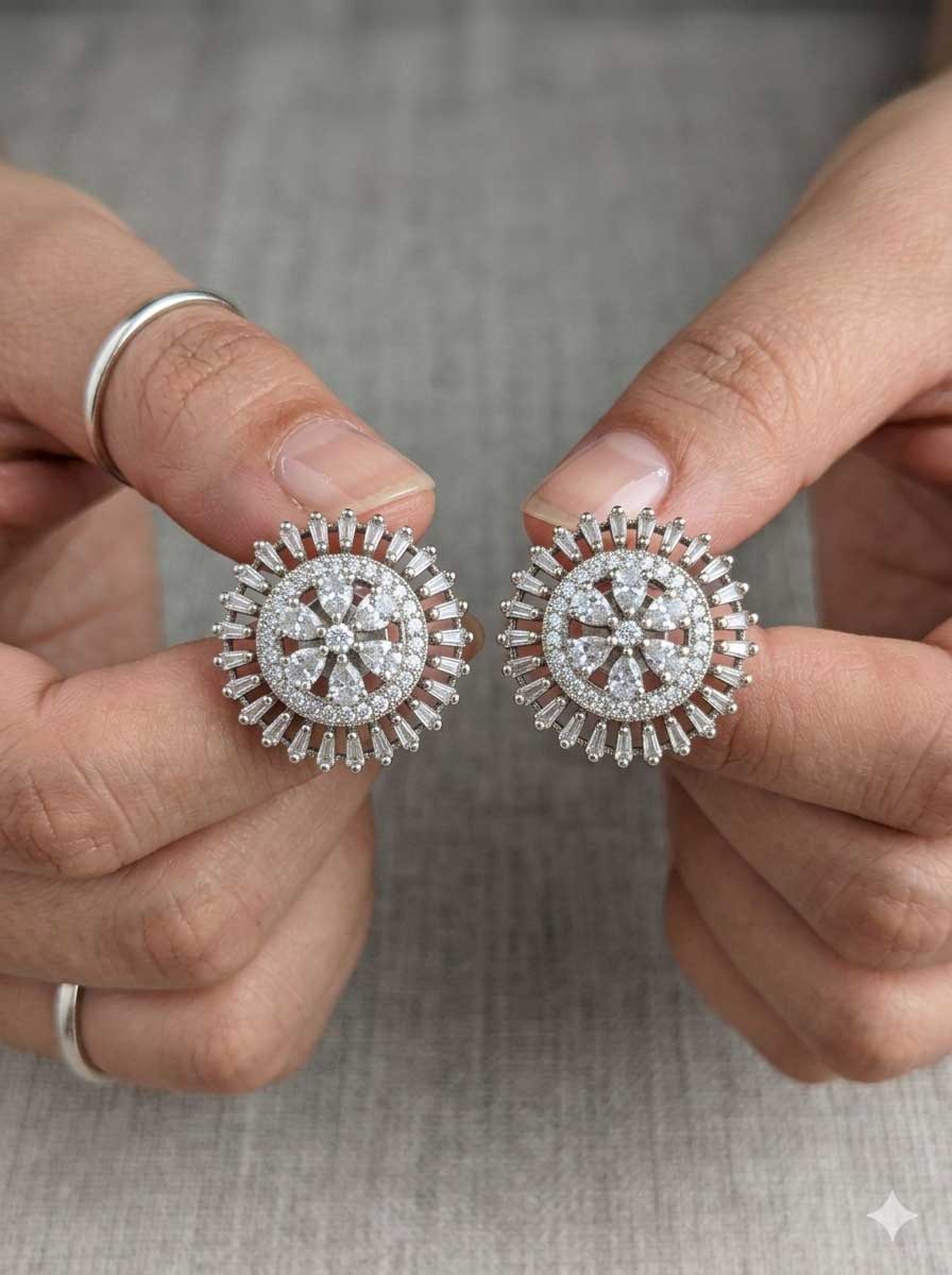 Silver Tone Floral Crystal Stud Earrings - Image 2