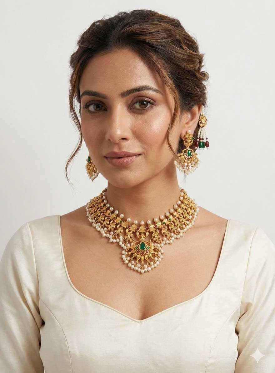 Traditional Gold Tone Pearl Necklace Set - Image 2